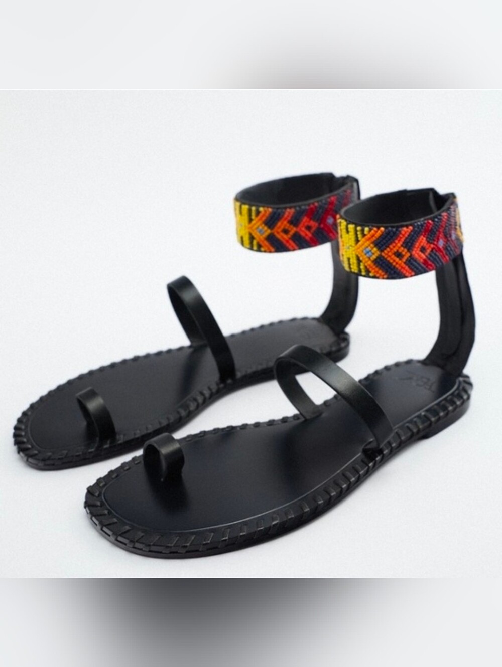 Zara Beaded Ankle Wrap Flat Sandals Black Boho Tribal Size 38 US 7.5 8